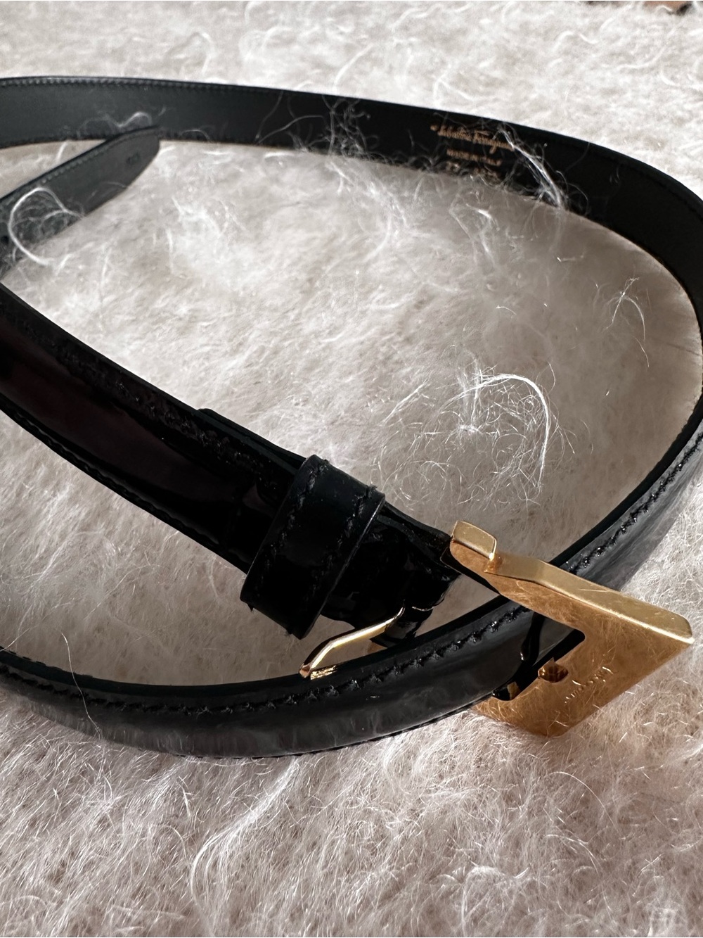 Vintage Salvatore Ferragamo Black Patent Leather Belt Gold Hardware Size 23
